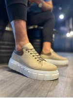 ARES Bağcıklı Süet Erkek Günlük Sneaker Yüksek Taban Ayakkabı - Krem