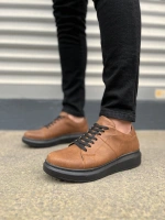 Tsoob Bağcıklı Cilt Erkek Günlük Rahat Taban Sneaker Ayakkabı - Taba siyah