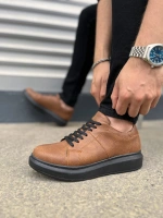 Tsoob Bağcıklı Cilt Erkek Günlük Rahat Taban Sneaker Ayakkabı - Taba siyah