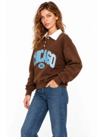 Kadın Chicago Baskılı Polo Yaka Şardonlu Sweatshirt - Üç İplik Oversize- Acı Kahve