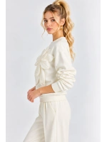 Kadın Çiçek Aksesuarlı Şardonlu Üç İplik Oversize Sweatshirt - Beyaz