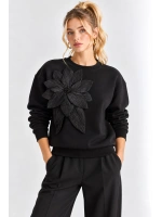 Kadın Çiçek Aksesuarlı Şardonlu Üç İplik Oversize Sweatshirt - Siyah