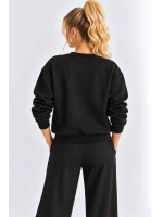 Kadın Çiçek Aksesuarlı Şardonlu Üç İplik Oversize Sweatshirt - Siyah