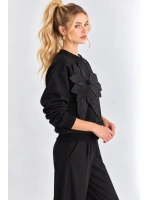 Kadın Çiçek Aksesuarlı Şardonlu Üç İplik Oversize Sweatshirt - Siyah