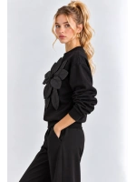 Kadın Çiçek Aksesuarlı Şardonlu Üç İplik Oversize Sweatshirt - Siyah