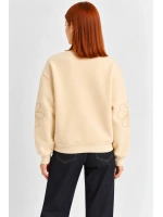Kadın Çiçek Motifli Şardonlu Üç İplik Oversize Sweatshirt - Bej