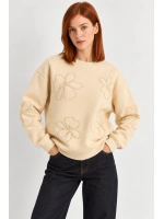 Kadın Çiçek Motifli Şardonlu Üç İplik Oversize Sweatshirt - Bej