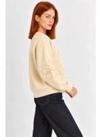 Kadın Çiçek Motifli Şardonlu Üç İplik Oversize Sweatshirt - Bej