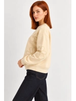 Kadın Çiçek Motifli Şardonlu Üç İplik Oversize Sweatshirt - Bej