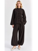 Kadın Çin Düğme Detaylı Oversize Tunik Bluz ve Lastik Paça Takım - Acı Kahve