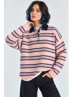 Kadın Çizgili Polo Yaka Basic Triko Kazak - Pembe
