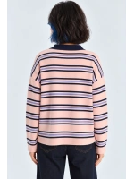 Kadın Çizgili Polo Yaka Basic Triko Kazak - Pembe