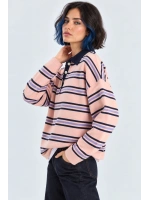 Kadın Çizgili Polo Yaka Basic Triko Kazak - Pembe