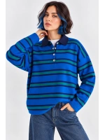 Kadın Çizgili Polo Yaka Basic Triko Kazak- Saks