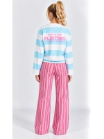 Kadın Flirting Yazı Baskılı Çizgili Bisiklet Yaka Oversize Sweatshirt- Mavi-Beyaz