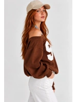 Kadın Lucky 96 Baskılı Kayık Yaka Çift Görünümlü Sweatshirt - Acı Kahve