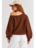Kadın Lucky 96 Baskılı Kayık Yaka Çift Görünümlü Sweatshirt - Acı Kahve