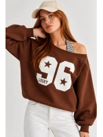Kadın Lucky 96 Baskılı Kayık Yaka Çift Görünümlü Sweatshirt - Acı Kahve