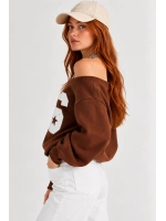 Kadın Lucky 96 Baskılı Kayık Yaka Çift Görünümlü Sweatshirt - Acı Kahve