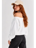 Kadın Lucky 96 Baskılı Kayık Yaka Çift Görünümlü Sweatshirt - Beyaz