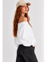 Kadın Lucky 96 Baskılı Kayık Yaka Çift Görünümlü Sweatshirt - Beyaz