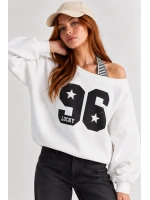 Kadın Lucky 96 Baskılı Kayık Yaka Çift Görünümlü Sweatshirt - Beyaz