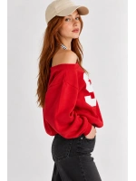 Kadın Lucky 96 Baskılı Kayık Yaka Çift Görünümlü Sweatshirt - Kırmızı