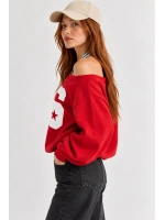 Kadın Lucky 96 Baskılı Kayık Yaka Çift Görünümlü Sweatshirt - Kırmızı