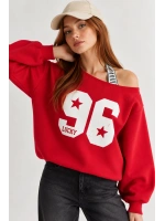 Kadın Lucky 96 Baskılı Kayık Yaka Çift Görünümlü Sweatshirt - Kırmızı