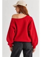 Kadın Lucky 96 Baskılı Kayık Yaka Çift Görünümlü Sweatshirt - Kırmızı