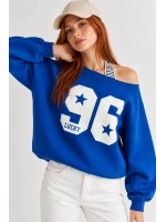 Kadın Lucky 96 Baskılı Kayık Yaka Çift Görünümlü Sweatshirt - Saks