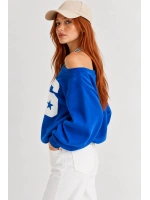 Kadın Lucky 96 Baskılı Kayık Yaka Çift Görünümlü Sweatshirt - Saks