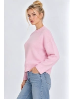 Kadın Oversize Bisiklet Yaka Triko Kazak- Pembe