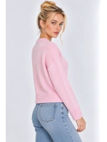 Kadın Oversize Bisiklet Yaka Triko Kazak- Pembe