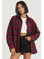 Kadın  Oversize Ekose Desenli Düğmeli Oduncu Gömlek - Bordo