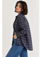 Kadın  Oversize Ekose Desenli Düğmeli Oduncu Gömlek- Lacivert
