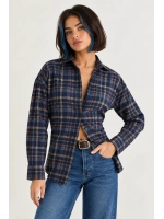 Kadın  Oversize Ekose Desenli Düğmeli Oduncu Gömlek- Lacivert