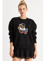 Kadın Oversize Teddy Nakışlı Bisiklet Yaka Salaş Sweatshirt - Siyah