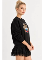 Kadın Oversize Teddy Nakışlı Bisiklet Yaka Salaş Sweatshirt - Siyah