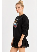 Kadın Oversize Teddy Nakışlı Bisiklet Yaka Salaş Sweatshirt - Siyah