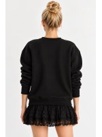 Kadın Oversize Teddy Nakışlı Bisiklet Yaka Salaş Sweatshirt - Siyah