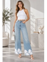 Kadın Taş İşlemeli Dantel Paça Denim Pantolon - Mavi