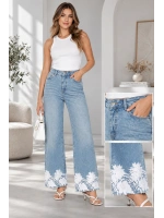 Kadın Taş İşlemeli Dantel Paça Denim Pantolon - Mavi