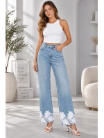 Kadın Taş İşlemeli Dantel Paça Denim Pantolon - Mavi