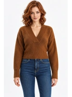 Kadın V Yaka Fitilli Triko Kazak - Vücuda Oturan Slim Fit Kazak - Camel