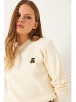 Kadın Peluş Teddy Ayıcık Nakışlı Bisiklet Yaka Basic Triko Kazak - Ekru
