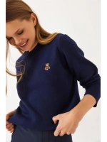 Kadın Peluş Teddy Ayıcık Nakışlı Bisiklet Yaka Basic Triko Kazak - Lacivert