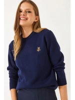 Kadın Peluş Teddy Ayıcık Nakışlı Bisiklet Yaka Basic Triko Kazak - Lacivert