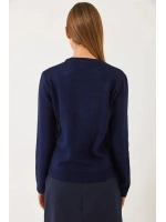 Kadın Peluş Teddy Ayıcık Nakışlı Bisiklet Yaka Basic Triko Kazak - Lacivert