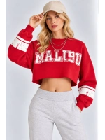 Malibu Baskılı Rahat Kesim Bisiklet Yaka Crop Sweatshirt  - Kırmızı